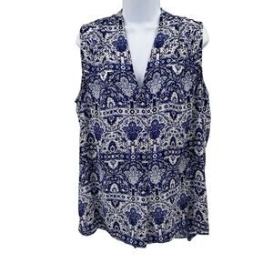 Laundry by Shelli Segal Blouse Sleeveless Tank WMNS L Royal Blue Printed V-neck